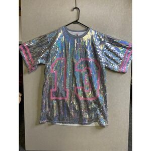 Heart & Heels Holographic Sequin Jersey Top Pink 13 Silver Iridescent S/M